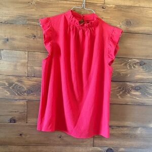 Zenana Outfitters Textured Ruffle Neck Blouse in Coral Red